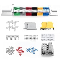 NORJIN UK-2.5N DIN Rail Terminal Blocks Kit – 20-Pack 12 AWG, 600V 20A, With 8″ Aluminum Rail, Jumpers, End Brackets & Ground Blocks
