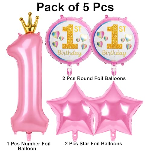 Image of 1st Birthday Foil Balloon Set Pink Number 1 Crown Balloon with Star and Round 1st Birthday Balloons for Baby Girl First Birthday Party Decoration - Pack of 5
