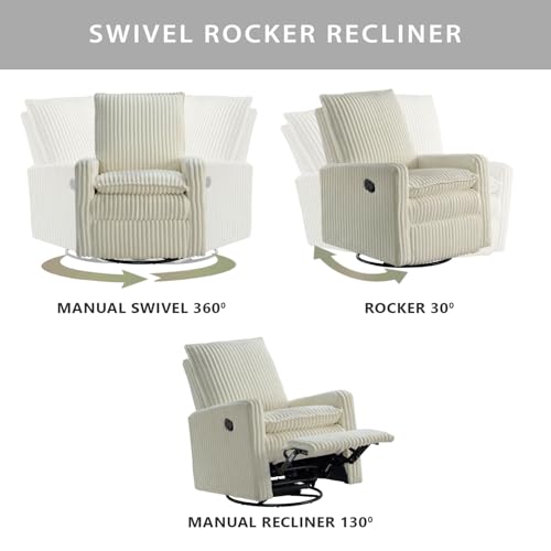 Image of Oxford Baby Uptown Upholstered Glider Recliner Rocking Chair 360 Swivel for Nursery and Living Room - Corduroy, Pearl White
