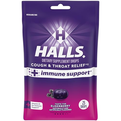 HALLS Cough and Throat Relief + Immune Support, Elderberry Flavor Cough Drops, 25 Drops