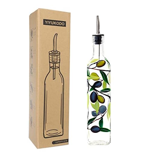 YIYUKODO 17oz Hand Painted Glass Olive Oil Bottle Dispenser- 500ml Green Oil & Vinegar Cruet with Pourers and Funnel - Olive Oil Carafe Decanter for Kitchen (olive)
