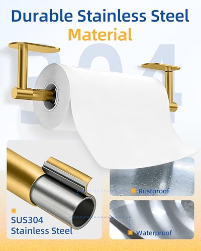 Image of RUACQ Paper Towel Holder Under Cabinet, One Hand Tearing Paper Towel Holder with Damping Effect, Wall Mount & Adhesive Stainless Steel Paper Roll Holder for Kitchen Bathroom (Brushed Gold)