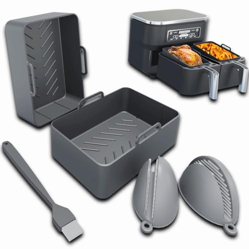 Premium Silicone Air Fryer Liners Set for Ninja Air Fryer (5Pcs) | Reusable BPA Free FDA Complaint Ninja Air Fryer Accessories | Dual Airfryer Liners for AF300 AF400 Ninja Foodi - Grey