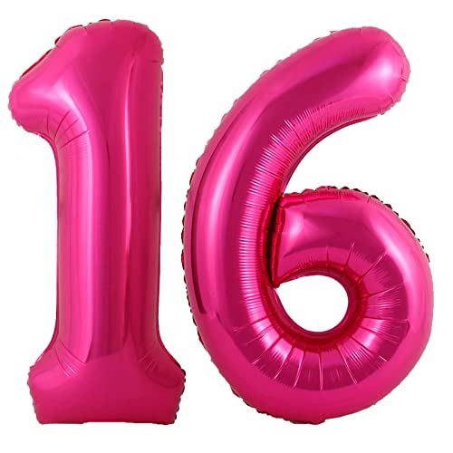 Image of 40 Inch Hot Pink 16 Number Balloons Giant Jumbo Huge 16 Foil Mylar Helium Number Balloons Dark Pink Birthday Mylar Digital Balloons 16th Birthday Anniversary Events Party Decorations Supplies