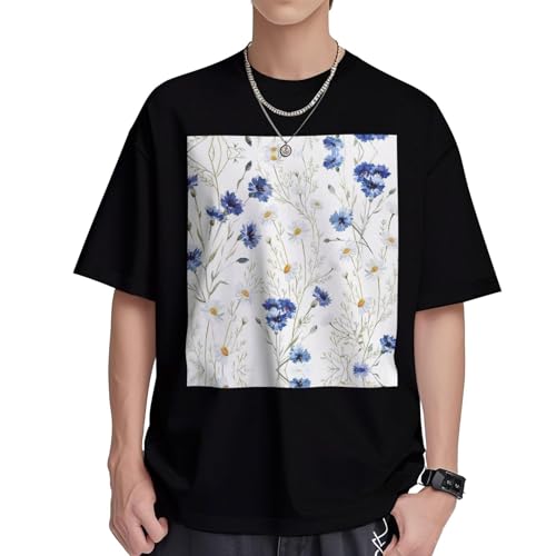 T-shirt en coton frais haut de gamme avec imprimé floral dessiné main coupe droite homme