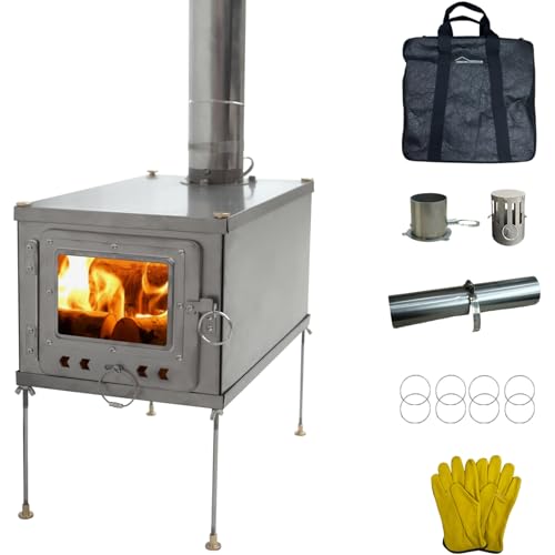 DANCHEL OUTDOOR T1 Lightweight Small Titanium Hot Tent Stove with 6.5ft Chimney Pipe, Spark Arrestor, Portable Tent Stove for 1 Person Camping Cooking