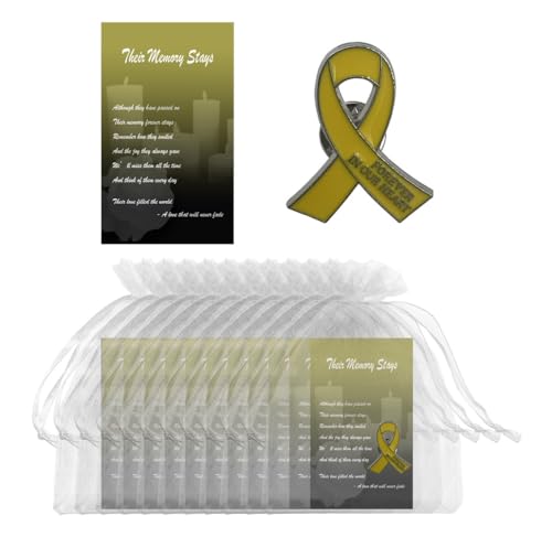 Image of 60 Set Funeral Ribbon Pins Memorial Pin Forever in Our Hearts Lapel Pin Remembrance Brooch with Prayer Cards & Organza Bags