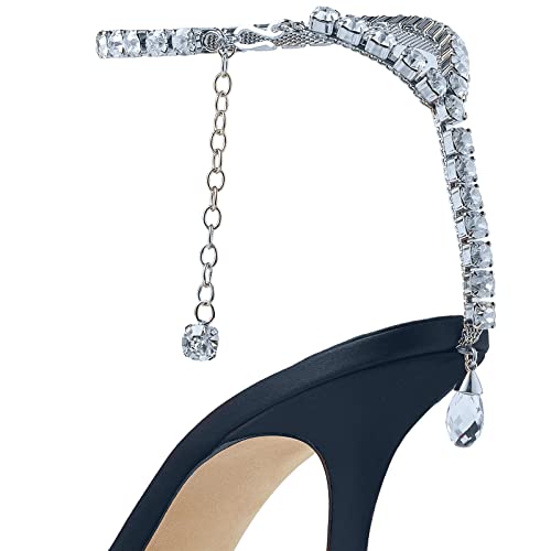 Image of LauraVicci Women's Heeled Sandals Crystal Chain Ankle Straps Rhinestones Buckle High Heels Stiletto Slip On Wedding Party Satin Dress Shoes