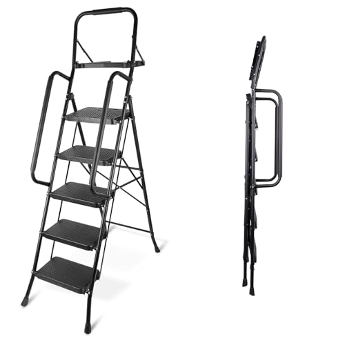 Image of 5-Step Heavy Duty Folding Ladder, 150kg/330lb Capacity with Handrail, Tool Tray, Anti-Slip Wide Steps and Rubber Feet, Durable Steel for Professional and Home Use