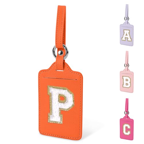 Personalized Initial Letter Luggage Tag P for Suitcases, PU Leather Luggage Tag with Privacy Cover ID Label Card,Orange Cute Monogrammed Funny Luggage TSA Approved Travel Backpack Tag(1 PACK Letter P)