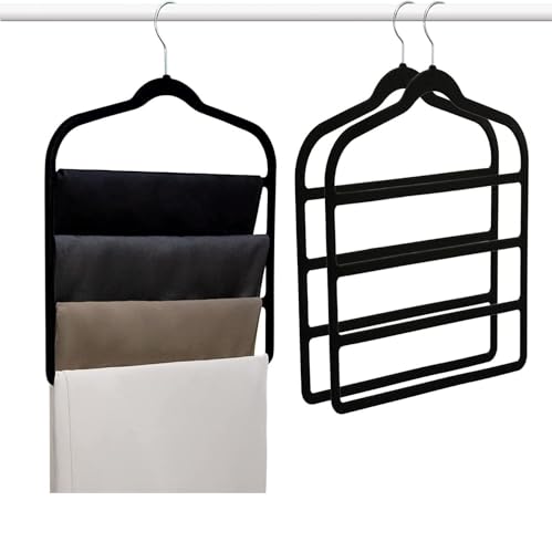 Pant Velvet Hangers, 4 Pack Black 4-Layers Space Saving Hangers for Closet Organizer, Non Slip Multi-Layer Clothes Hanger for Pants Jeans Shorts Trousers Scarf Tie Towel
