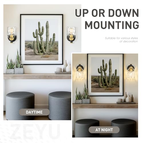 zeyu Wall Sconces Set of 2, 1-Light Bathroom Light Fixtures, Modern Vanity Light Wall Lamp with Water Ripple Glass Shade, Black and Gold Finish, ZG33B-2 BK+BG-WG by zeyu - Used condition - Image 3