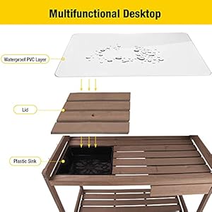 Aivituvin Potting Bench with PVC Layer, Outdoor Gardening Work Bench with Sink & Lid, Wooden Planting Table for Outside with Storage, Drawer, Shelf, Hook Aivituvin Potting Bench with PVC Layer Outdoor Gardening Work Bench with Sink Lid Wooden Planting Table for Outside with Storage Drawer Shelf Hook