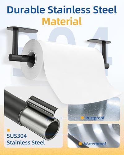 Image of RUACQ Paper Towel Holder Under Cabinet, One Hand Tearing Paper Towel Holder with Damping Effect, Wall Mount & Adhesive Stainless Steel Paper Roll Holder for Kitchen Bathroom (Matte Black)