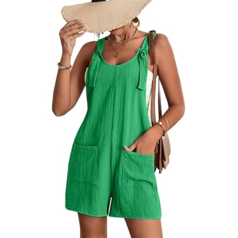 AELSON Women's Summer Sleeveless Rompers Loose Adjustable Strap Shorts Overalls Jumpsuit with Pockets Cover