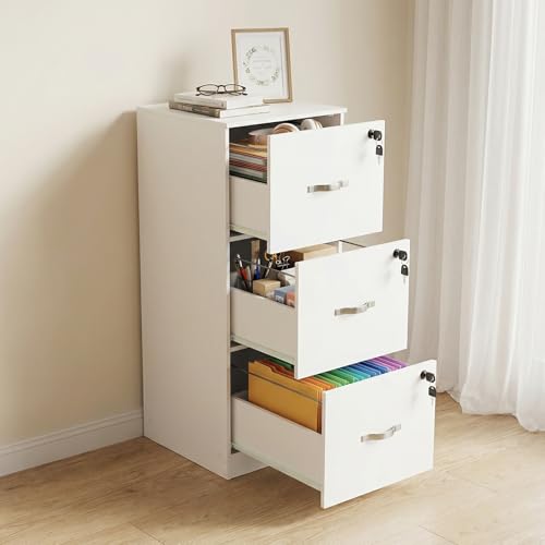 buybyroom 3 Drawer Filing Cabinet, Lockable File Cabinet with Keys, Wooden Storage Drawers Office Cupboard Printer Stand Fits A4 Letter Size Hanging Files For Home Office, Anti-Tip Design,White