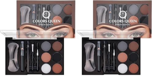 Image of Colors Queen Eyebrow Styling Kit with 5 Highly Pigmented Shades and 1 Wax, Spoolie, Eyebrow Pencil, Eyebrow Stencil, Hair Plucker & Angular Brush (Palette) (Pack of 2)