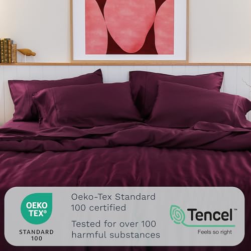 Image of Olive + Crate Tencel Lyocell Eucalyptus Sheets King Size - Cooling Tencel Sheets for Hot Sleepers with 18 Inch Deep Pocket Fit - Sour Cherry 4-Piece Set