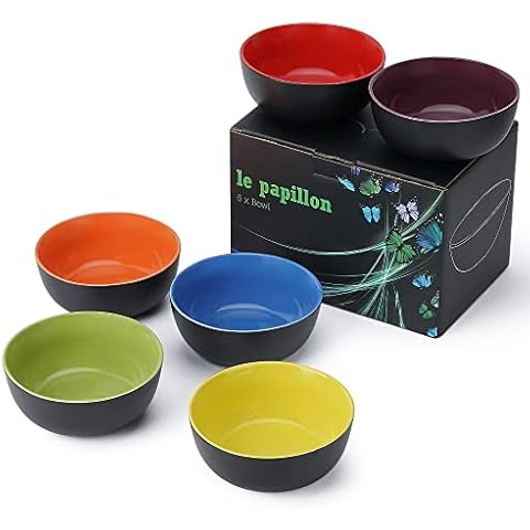 MIAMIO - 6 x 600 ml Stoneware Bowl Set Outside Black Inside Colourful - Le Papillon Collection (Multi-Colour) Cover
