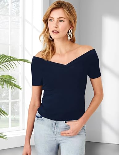 Image of Sarin Mathews Womens Shirts Off The Shoulder Tops Sexy V Neck Slim Fit Shirts Tops Blouses