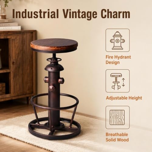 BOKKOLIK Vintage Swivel Bar Stool Industrial Coffee Kitchen Dining Chair Fire Hydrant Design Height Adjustable 24.8-30.7inch Solid Wooden Seat by BOKKOLIK - Used condition - Image 3