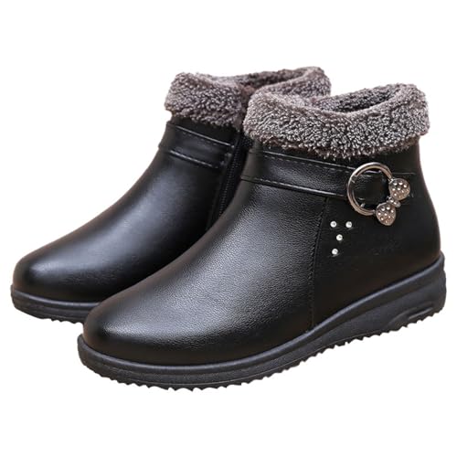 Générique Bottines Fourrées Femme Chaussures d'hiver Couleur Unie Cuir Bottines Plates Fourrure Doublure Chaude Basket Plates Antidérapantes Perforé Boots...