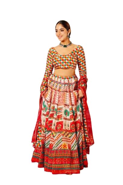 Women’s Multicolor Printed Lehenga Choli with Blue Dupatta | Ethnic Navratri, Wedding & Party