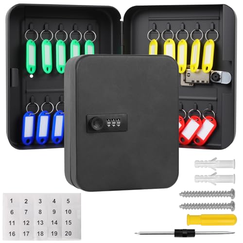PopuLike 20-Key Cabinet with Combination Lock, Wall Mounted Security Key Storage Box with Resettable Code, Lockable Box with 4 Colour Tags, Labels Stickers, Dual-Head Screwdriver