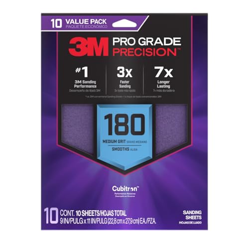 3M Pro Grade Precision Sanding Sheets with No-Slip Grip, 9 x 11 in, 180 Grit, 10-Pack (SHR180-PGP-10T) by 3M - Used condition - US$11.41