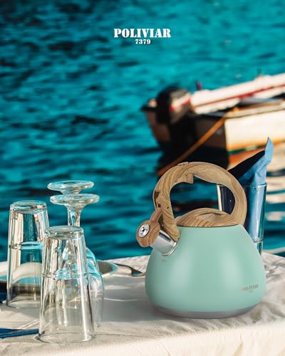 Image of POLIVIAR Tea Kettle, 2.7 Quart Blue Finish with Wood Pattern Handle Loud Whistle Food Grade Stainless Steel Teapot, Anti-Hot Handle and Anti-Rust, Suitable for All Heat Sources JX2025-TB30