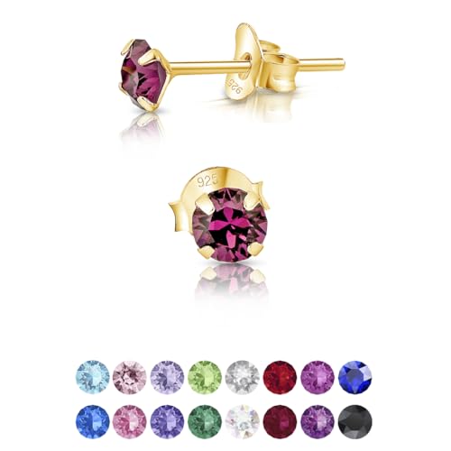 DTPsilver - Winzige Ohrringe 925 Sterling Silber Gelb Vergoldet mit Kristallen von Swarovski® Elements Runde Sehr kleine Ohrstecker - Durchmesser 4 mm - Farbe : Amethyst