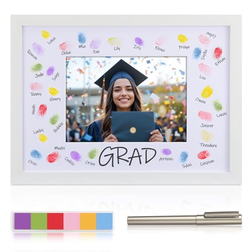 Sieral 8.3 x 11.7 Inch Graduation Signature Picture Frame White Wood Photo Frame with Mat for 5 x 7 Photo 6 Colors Colorful Ink Pad and 2 Pens for Graduation Wedding Birthday Guest Book Signing