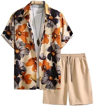 Cozyease Men's 2 Piece Solid Patched Pocket Button Down Shirt with Drawstring Waist Shorts Set, Multicolor With Floral Print, L