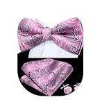 Dubulle Mens Grey Pink Paisley Striped Bowtie Set Pre-tied Bowtie for Men and Pocket Square Set Wedding Business