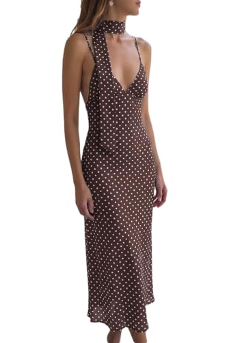 SISKIN Women Summer V Neck Backless Polka Dot Maxi Dress Brown XS
