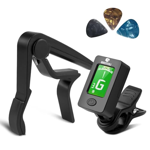 BROTOU Guitar Tuner Clip-On Tuner Digital Electronic Tuner Acoustic with LCD Display for Guitar, Bass, Violin, Ukulele (3 PCS Picks Included) (Tuner + Capo) (Tuner+Cpao)