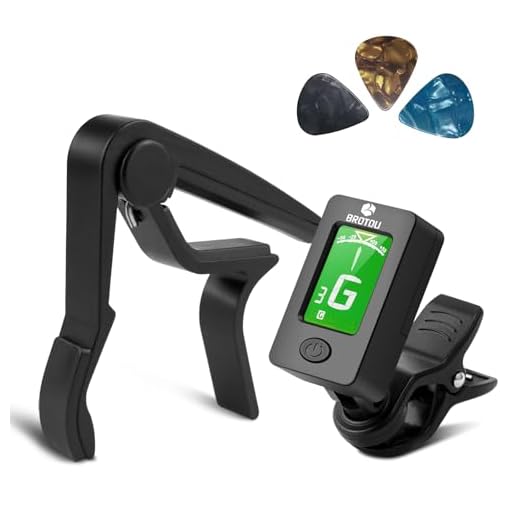 BROTOU Guitar Tuner Clip-On Tuner Digital Electronic Tuner Acoustic with LCD Display for Guitar, Bass, Violin, Ukulele (3 PCS Picks Included) (Tuner + Capo) (Tuner+Cpao)