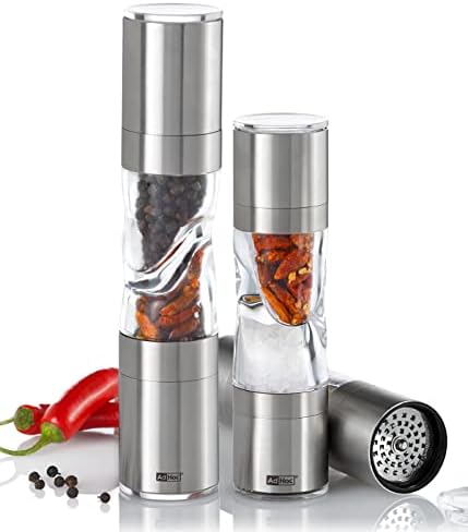 AdHoc MP290 DUOSPICE Spice Cutter and Mill | Stainless Steel/Acrylic | Dried Herbs and Spices Cutter/Salt or Pepper Grinder | (H)220mm x (D)45mm | Clear/Silver | Includes 1 x Duo-Mill