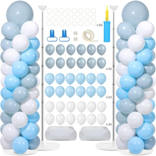 Image of 2 Sets Adjustable Balloon Column Stand Kit with Bases(Dusty Blue White) | Reusable Stainless Steel Poles, 102 Balloons with Pump, Floor Decor, Baby Shower Birthday Wedding Bridal shower Engagement