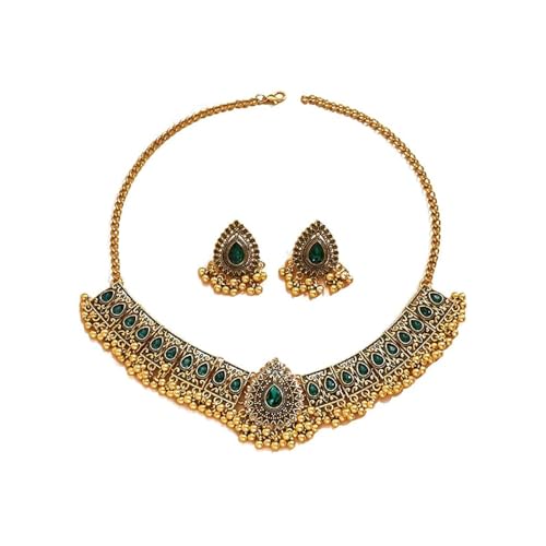 IMINI Conjunto de joyas indias tradicionales bohemias para mujeres y niñas, plata envejecida, oxidada étnica fiesta de graduación de fin de año, collar de plastron pendientes gargantilla punk cristal