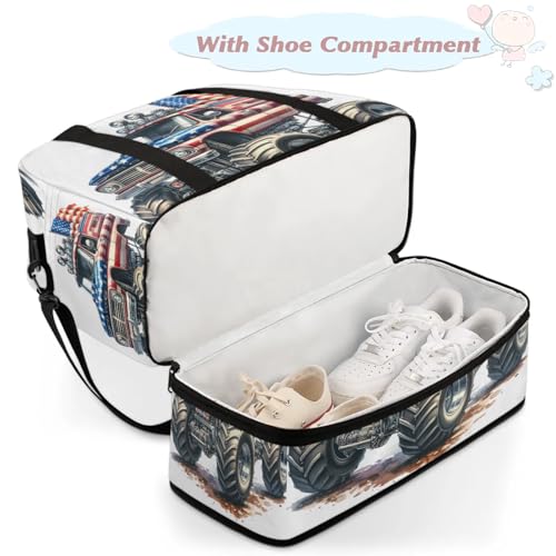 Truck American Flag Travel Duffel Bags for Women & Men Large Sports Gym Bags Foldie Weekender Overnight Bag Carry On Tote Bag With Shoe Compartment Personal Item Luggage for Travel Sports Gym4