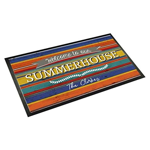 Artylicious Personalised Coloured Striped printed Summerhouse/cabin, Door mat 60 x 40cm, non slip base mat, home from home Cover
