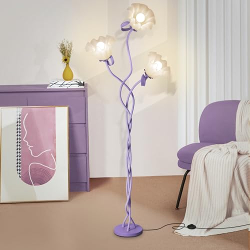 Image of Flower Standing Lamp for Bedroom, Cute Corner Floor Lamp with Flexible Gooseneck, 3 Light Floor Reading Lamp with 3 Color Temperatures, Bulbs Included, Tall Floor Lamp for Living Room Corner(Purple)