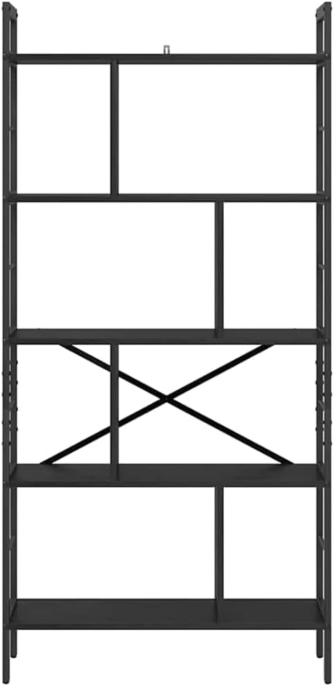 Industrial Bookshelf Black Oak 75x30x156 cm Engineered Wood and Steel Frame with Multiple Shelves for Living Room Home Office Storage Display