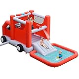 COSTWAY Inflatable Water Park, Firefighting-Themed Jumping Bouncy Castle with Slide, Splashing Pool, Outdoor Blow Up Activity Center for Kids Summer Play