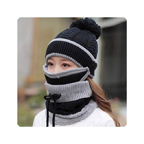 Preisvergleich Produktbild Quintion Cooper Damen Strickmütze, Kaschmir-Masken, Hut, Schal, Herbst, Winter, Strickmütze, Wolle, Kugelabdeckung, Ohrkragen, 3 Sets Gr. Einheitsgröße, Schwarz