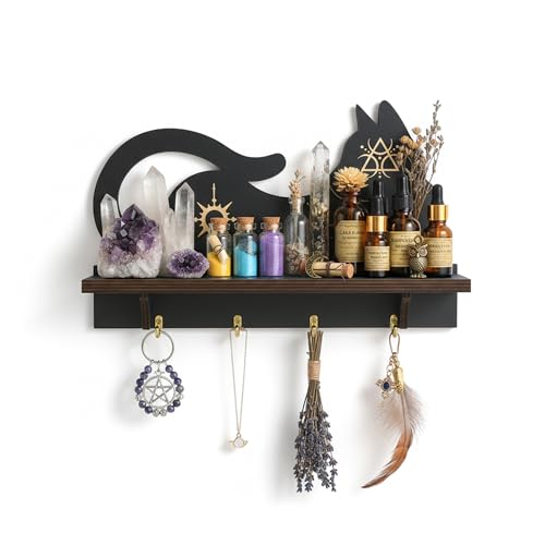 FNYDOX Cat Crystal Display Shelf, Gothic Witchy Shelves Home Decor, Rock Gem Stone Wall Shelf, Crystal Holder Cute Shelf for Trinket Knick Knack, Spiritual Gift Wicca Wiccan Supplies