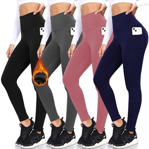 FULLSOFT 4 Pack Fleece Lined Leggings with Pockets for Women High Waisted Thermal Winter Warm Yoga Pants for Workout Running Plus Size(Black,Gray,Navy Blue,Pink(4 Pack),Large-X-Large)