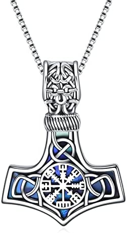 URONE Viking Thor's Hammer Pendant Necklace Sterling Silver Celtic Knot with Abalone Shell Mjolnir Nordic Christmas Birthday Viking Jewellery Gift for Men