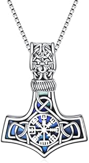 URONE Viking Thor's Hammer Pendant Necklace Sterling Silver Celtic Knot with Abalone Shell Mjolnir Nordic Christmas Birthday Viking Jewellery Gift for Men